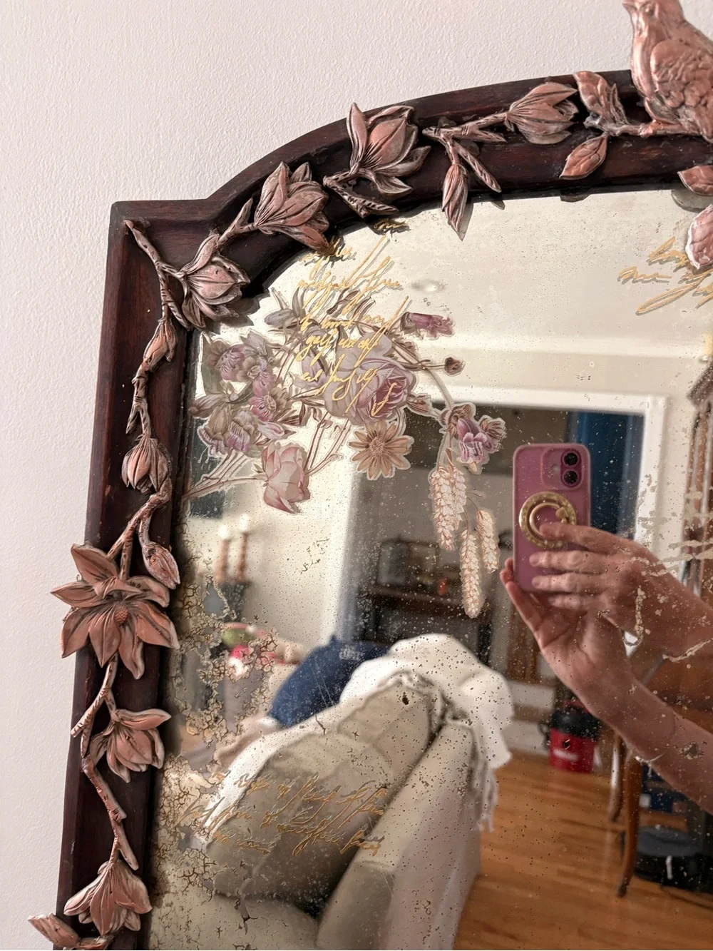 Ornate Floral & Bird Accent Wall Mirror with copper and gold accents